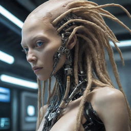 A cybernetic alien being, a mix of organic and mechanical parts, with blonde dreadlocks, amidst a surreal encounter with another extraterrestrial entity.