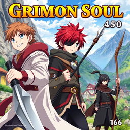 Anime cover for "Grimon Soul" featuring three young boys aged 16 in a fantasy setting