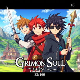 Anime cover for "Grimon Soul" featuring three young boys aged 16 in a fantasy setting