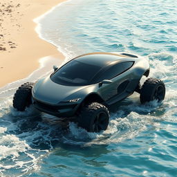 An amphibious car, showcasing a sleek and modern design that allows it to operate both on land and in water