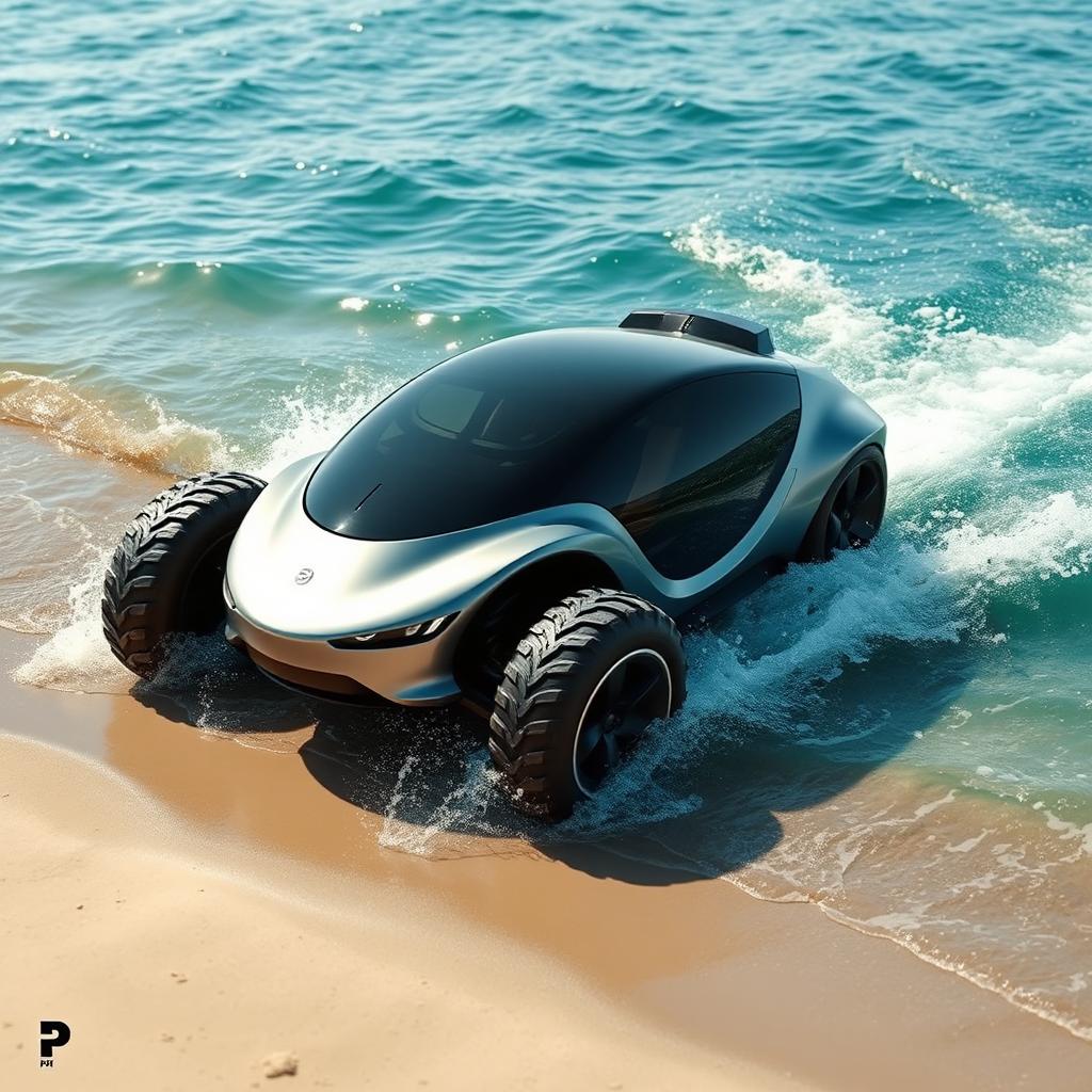 An amphibious car, showcasing a sleek and modern design that allows it to operate both on land and in water