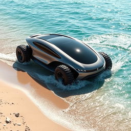 An amphibious car, showcasing a sleek and modern design that allows it to operate both on land and in water