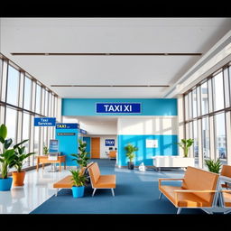 A modern commercial premises inside an airport, specifically focused on taxi services