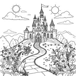 An elaborate coloring page design featuring a grand castle set on a hill