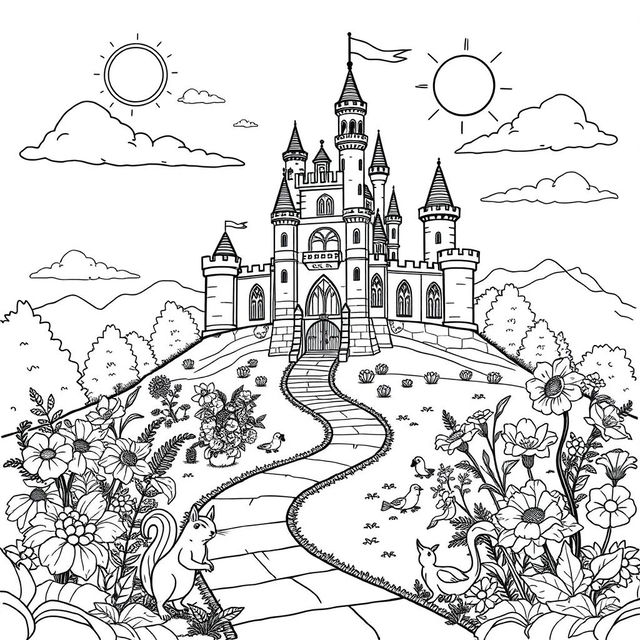 An elaborate coloring page design featuring a grand castle set on a hill