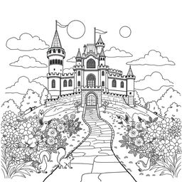 An elaborate coloring page design featuring a grand castle set on a hill