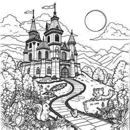 An elaborate coloring page design featuring a grand castle set on a hill