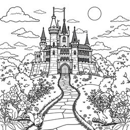 An elaborate coloring page design featuring a grand castle set on a hill