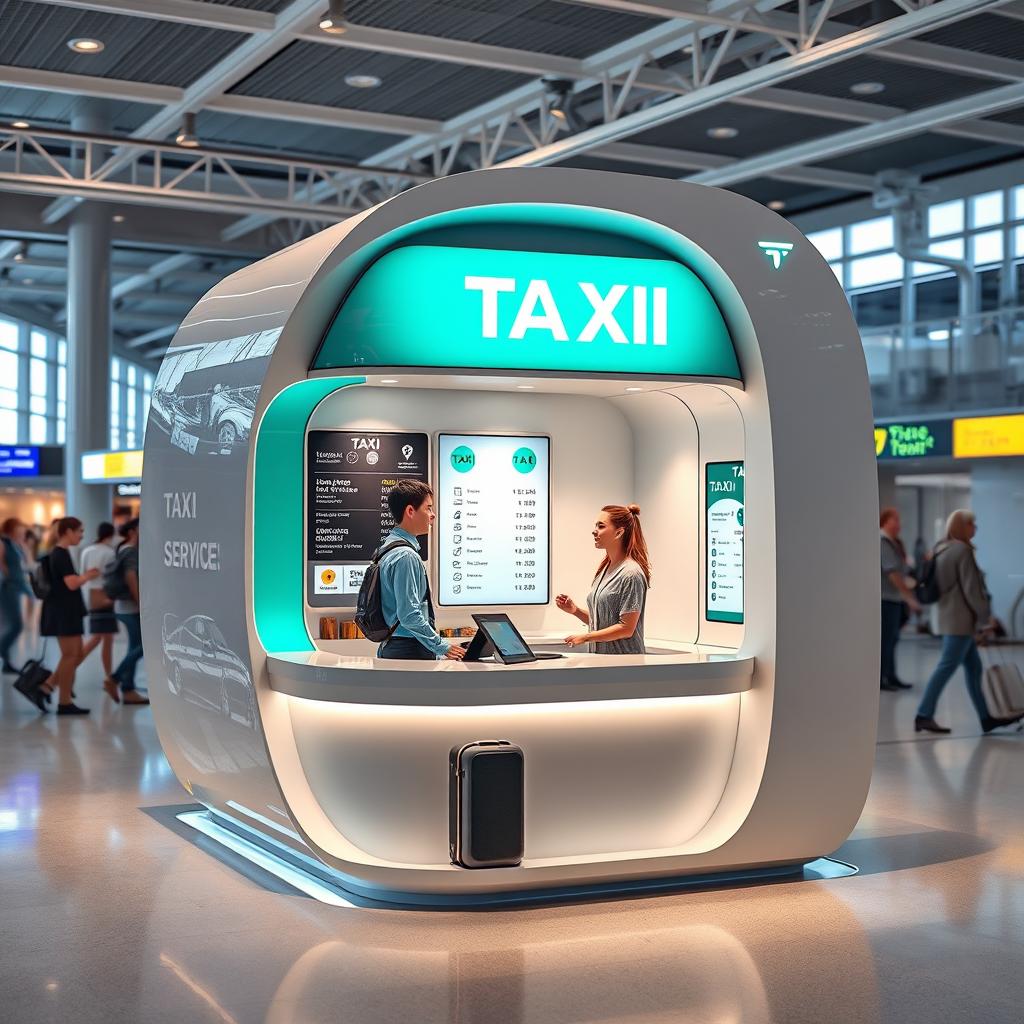 An indoor small airport taxi booth designed for customer service, featuring a contemporary style with a color scheme of cyan and white