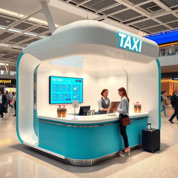 An indoor small airport taxi booth designed for customer service, featuring a contemporary style with a color scheme of cyan and white