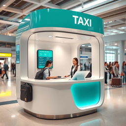 An indoor small airport taxi booth designed for customer service, featuring a contemporary style with a color scheme of cyan and white