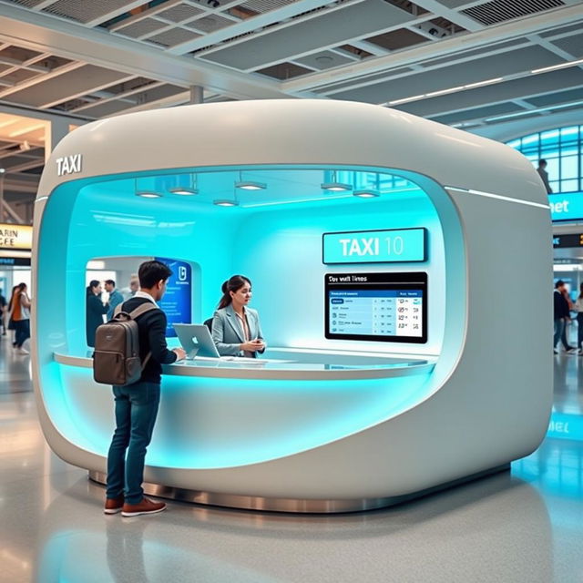 An indoor small airport taxi booth designed for customer service, featuring a contemporary style with a color scheme of cyan and white