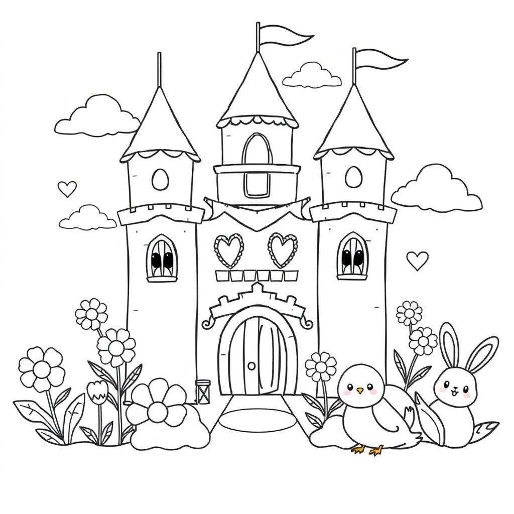 A charming coloring page design featuring a cute castle with rounded towers and whimsical details