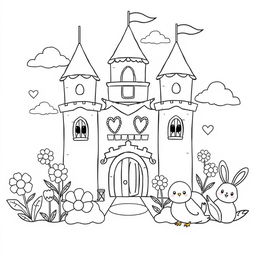 A charming coloring page design featuring a cute castle with rounded towers and whimsical details