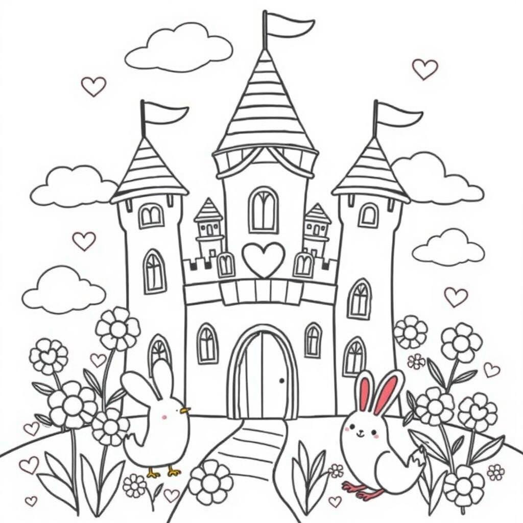 A charming coloring page design featuring a cute castle with rounded towers and whimsical details