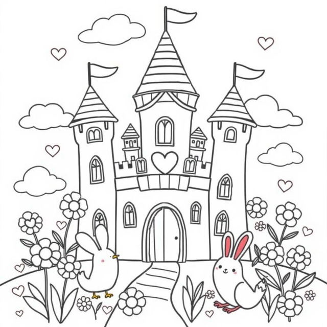 A charming coloring page design featuring a cute castle with rounded towers and whimsical details