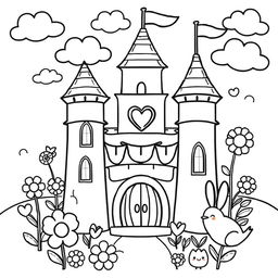 A charming coloring page design featuring a cute castle with rounded towers and whimsical details