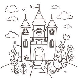 A charming coloring page design featuring a cute castle with rounded towers and whimsical details