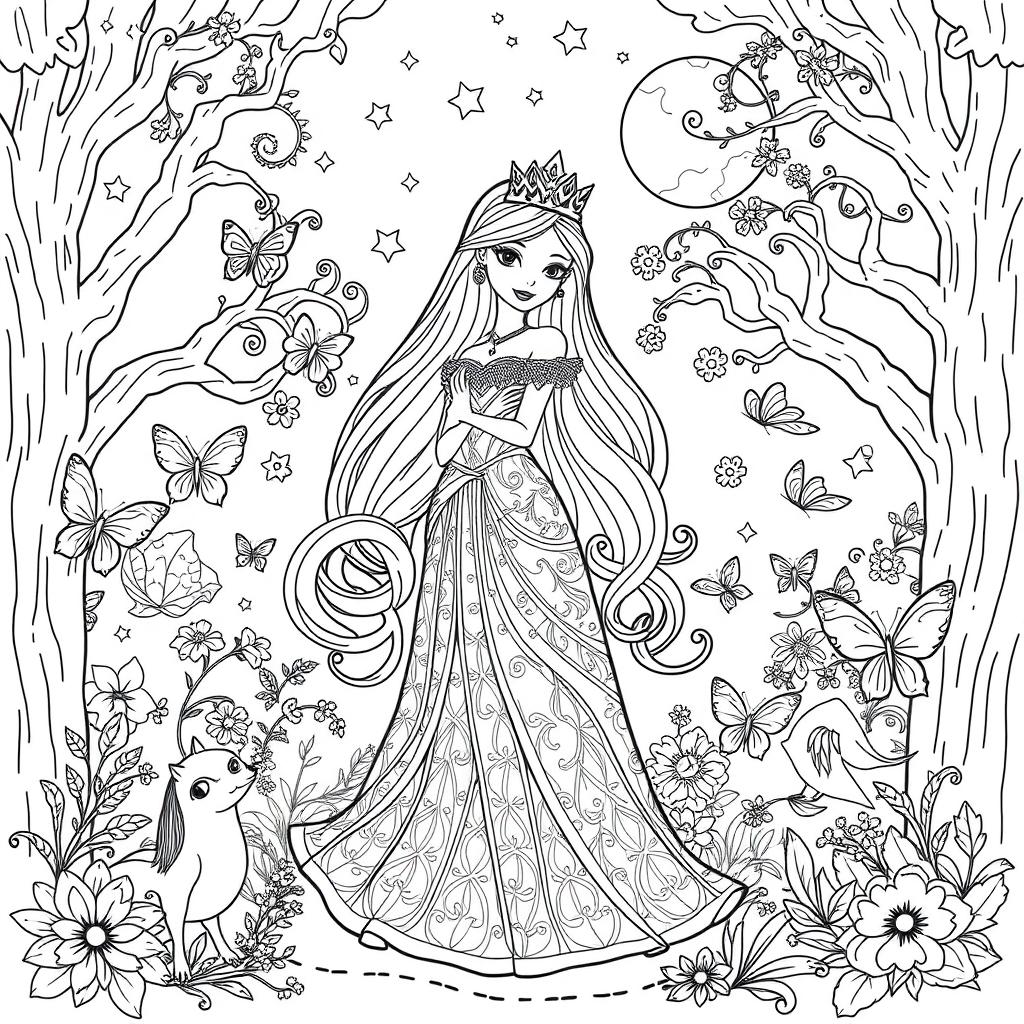 A delightful coloring page design featuring an enchanted princess standing gracefully in a magical forest