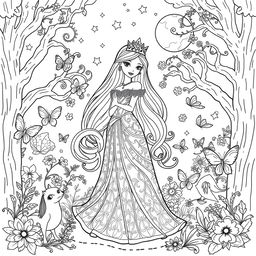 A delightful coloring page design featuring an enchanted princess standing gracefully in a magical forest