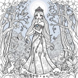 A delightful coloring page design featuring an enchanted princess standing gracefully in a magical forest