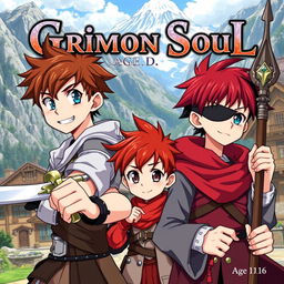 Anime cover titled "Grimon Soul" featuring three young boys aged 16 years