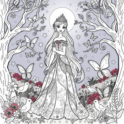 A delightful coloring page design featuring an enchanted princess standing gracefully in a magical forest