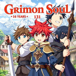 Anime cover titled "Grimon Soul" featuring three young boys aged 16 years