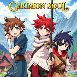 Anime cover titled "Grimon Soul" featuring three young boys aged 16 years