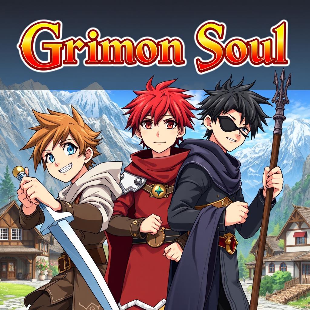 Anime cover titled "Grimon Soul" featuring three young boys aged 16 years