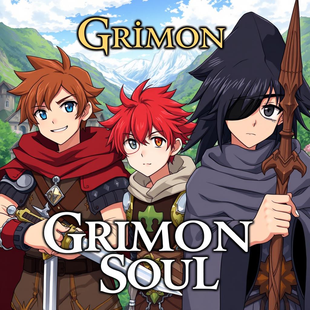 Anime cover titled "Grimon Soul" featuring three 16-year-old boys in a fantasy setting