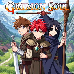 Anime cover titled "Grimon Soul" featuring three 16-year-old boys in a fantasy setting