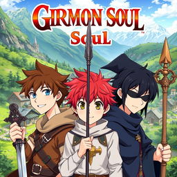 Anime cover titled "Grimon Soul" featuring three 16-year-old boys in a fantasy setting