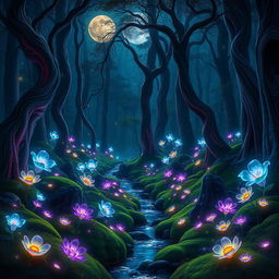 A beautiful, mystical forest glowing under moonlight, with vibrant luminescent flowers and fireflies illuminating the scene