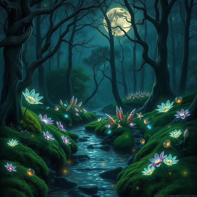 A beautiful, mystical forest glowing under moonlight, with vibrant luminescent flowers and fireflies illuminating the scene