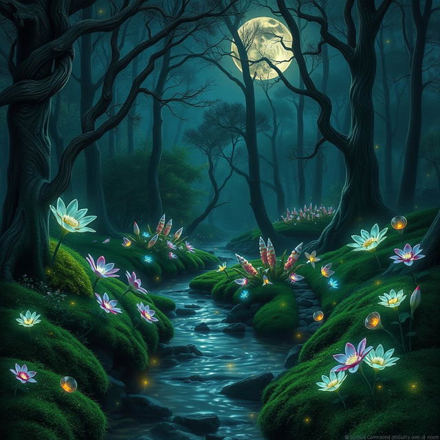 A beautiful, mystical forest glowing under moonlight, with vibrant luminescent flowers and fireflies illuminating the scene