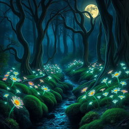 A beautiful, mystical forest glowing under moonlight, with vibrant luminescent flowers and fireflies illuminating the scene