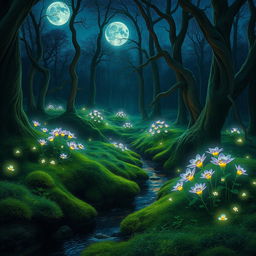 A beautiful, mystical forest glowing under moonlight, with vibrant luminescent flowers and fireflies illuminating the scene