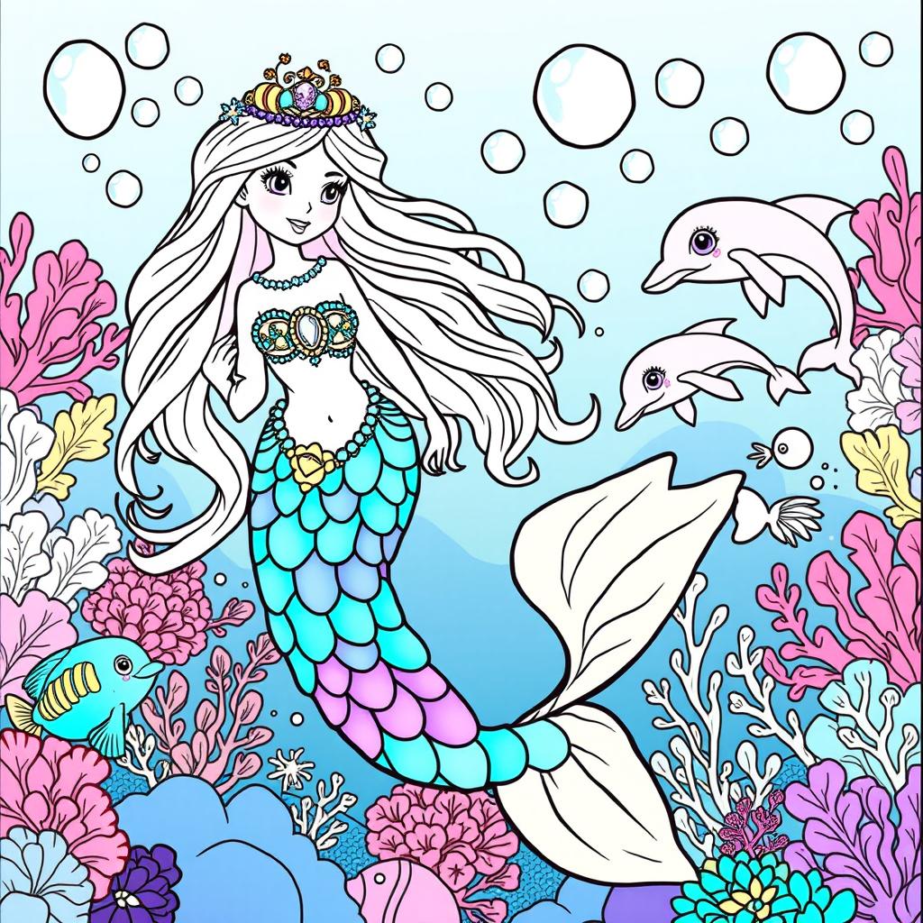 A whimsical coloring page featuring an enchanted mermaid princess