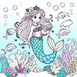 A whimsical coloring page featuring an enchanted mermaid princess