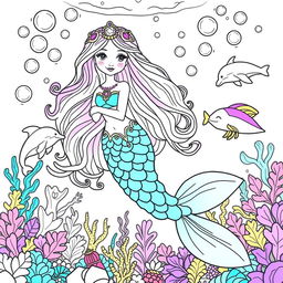 A whimsical coloring page featuring an enchanted mermaid princess