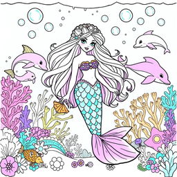 A whimsical coloring page featuring an enchanted mermaid princess