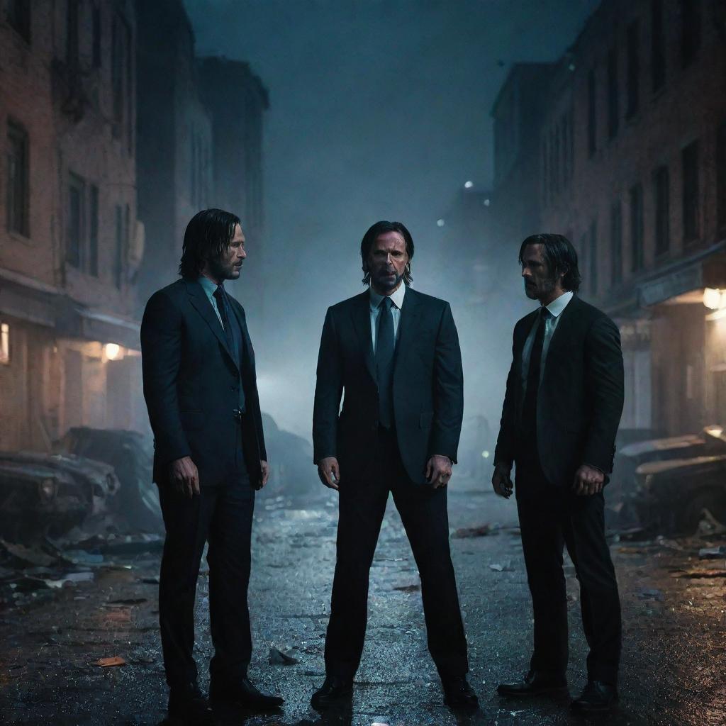 An intense face-off between John Wick and Rambo, both set in defensive stances, preparing for a dual, under a dimly lit night sky. The background envelops an abandoned street, shattered glass, and shadowy, derelict buildings.