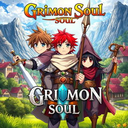 Anime-style cover illustration for "Grimon Soul", featuring three 16-year-old boys