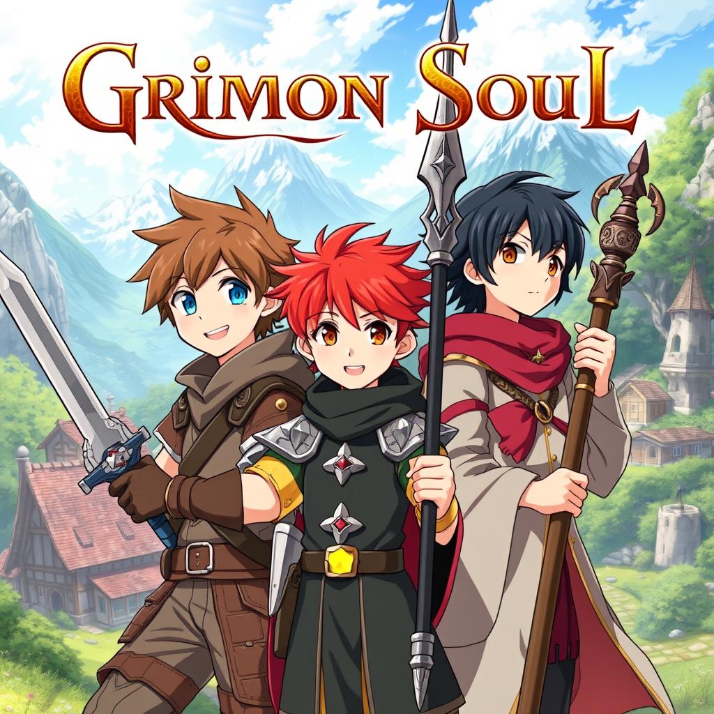 Anime-style cover illustration for "Grimon Soul", featuring three 16-year-old boys