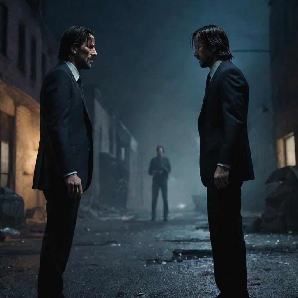 An intense face-off between John Wick and Rambo, both set in defensive stances, preparing for a dual, under a dimly lit night sky. The background envelops an abandoned street, shattered glass, and shadowy, derelict buildings.