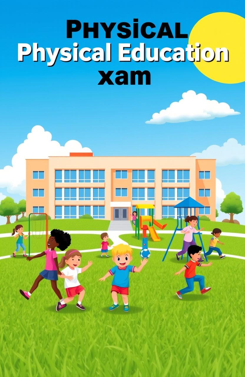 A vibrant and lively Physical Education exam cover design featuring a school in the background