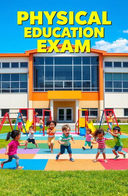 A vibrant and lively Physical Education exam cover design featuring a school in the background