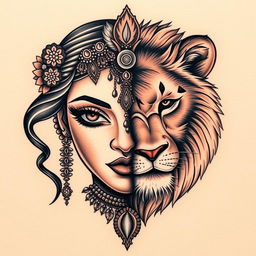 A stunning tattoo design featuring the half face of an Indian woman with intricate traditional details, such as jewelry and floral motifs, seamlessly blended with the half face of a majestic lioness