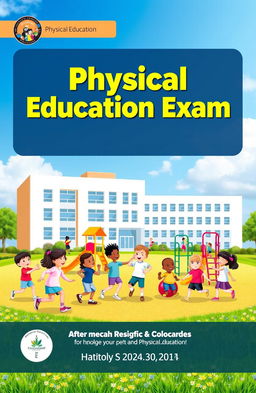 A vibrant and lively Physical Education exam cover design featuring a school in the background